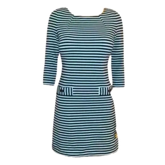 Lilly Pulitzer Womens Extra Small Charlene Shift Dress EUC Teal Navy 3/4 Sleeves - Picture 2 of 6